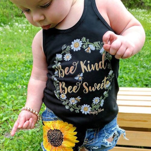 Kids Girl Clothes 2Pcs Sleeveless Floral Vest Tops+Sunflower Ripped Denim Shorts Jean Outfit Set - ebowsos