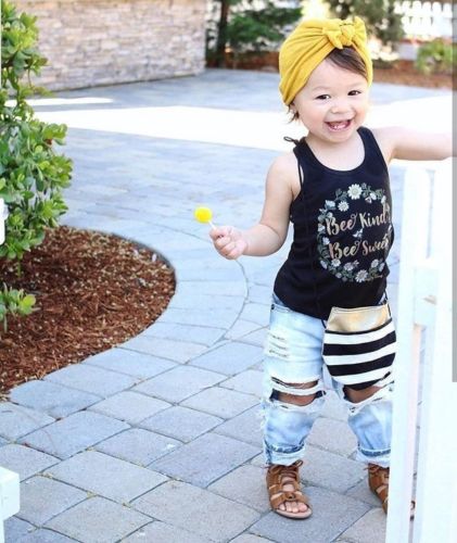 Kids Girl Clothes 2Pcs Sleeveless Floral Vest Tops+Sunflower Ripped Denim Shorts Jean Outfit Set - ebowsos