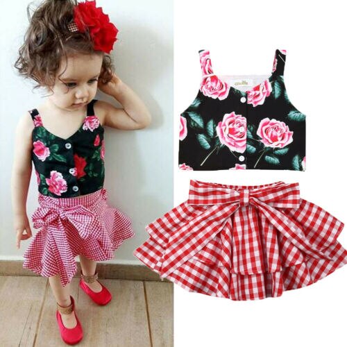 Kids Girl Clothes Sleeveless Vest Tops Flower Tops+TuTu Plaid Bow skirt Dress Clothing 2Pcs - ebowsos