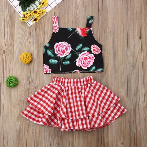 Kids Girl Clothes Sleeveless Vest Tops Flower Tops+TuTu Plaid Bow skirt Dress Clothing 2Pcs - ebowsos