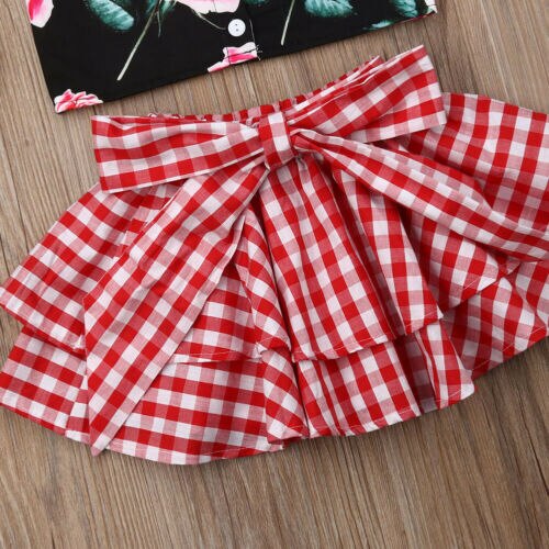 Kids Girl Clothes Sleeveless Vest Tops Flower Tops+TuTu Plaid Bow skirt Dress Clothing 2Pcs - ebowsos