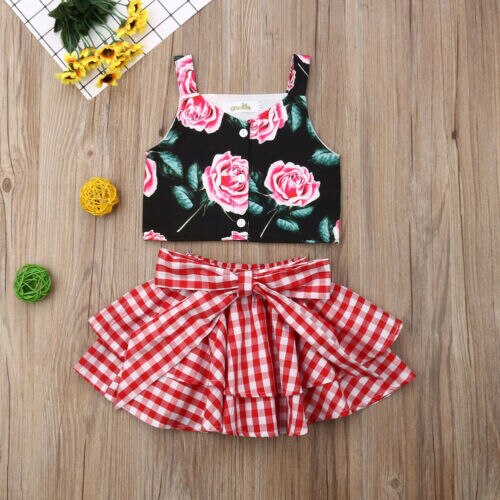 Kids Girl Clothes Sleeveless Vest Tops Flower Tops+TuTu Plaid Bow skirt Dress Clothing 2Pcs - ebowsos