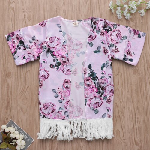 Kids Girls Beach Wear New Floral Tassels Swim Cover Up Loose Blouse Tops Kaftan Beach Cover Up Children Clothing - ebowsos