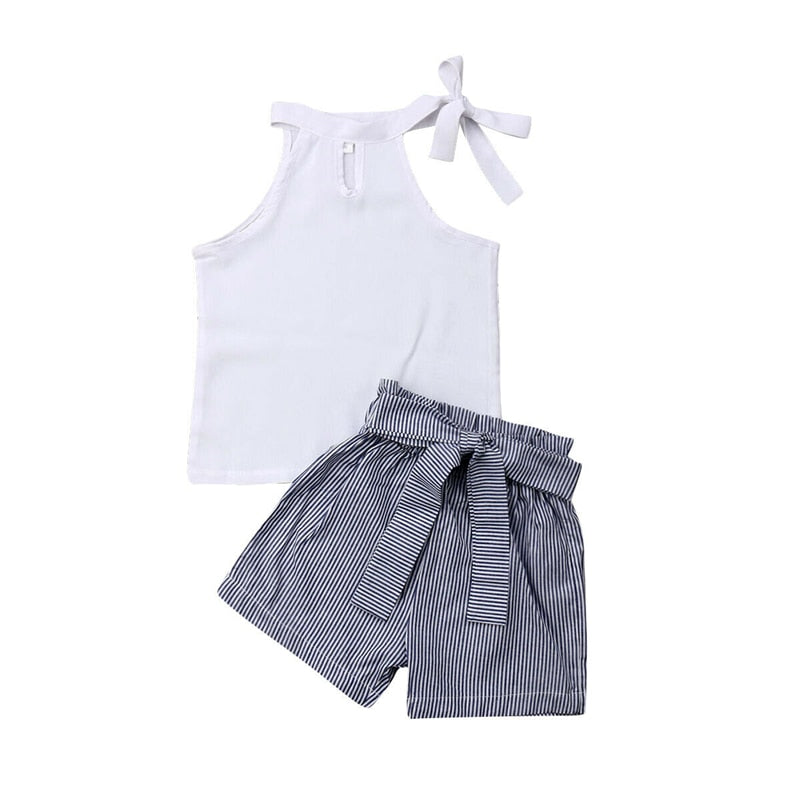 Kids Girls Clothes Sleeveless White Vest Tops High Waist Striped Bow Shorts Pant 2PCS Girls Clothing Set - ebowsos