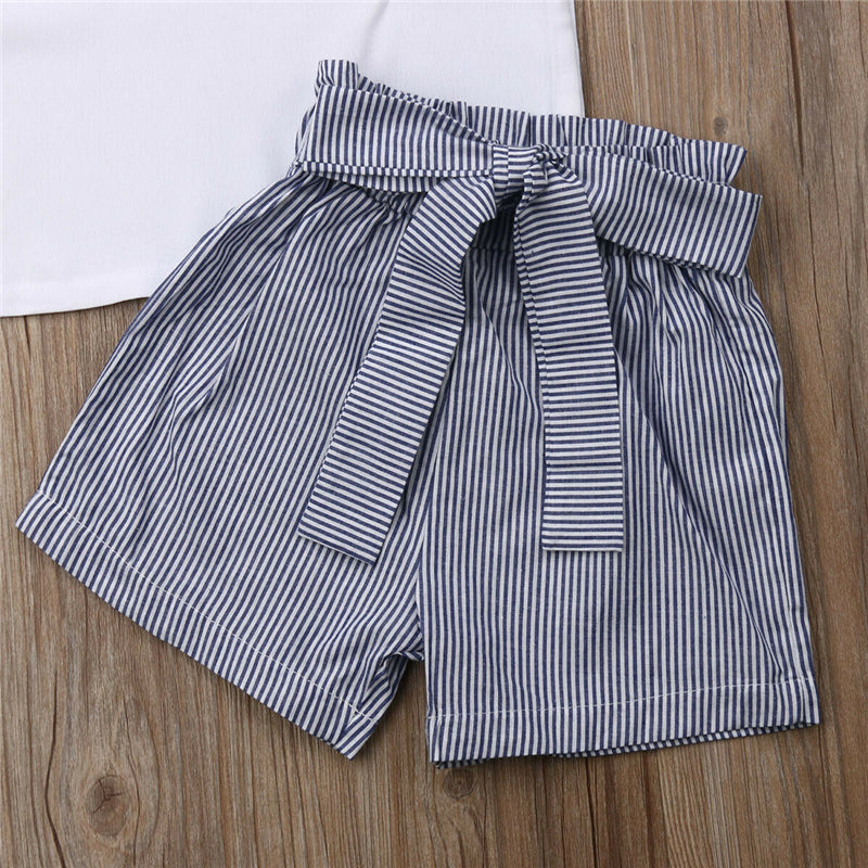 Kids Girls Clothes Sleeveless White Vest Tops High Waist Striped Bow Shorts Pant 2PCS Girls Clothing Set - ebowsos