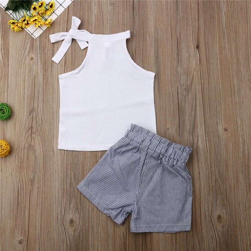 Kids Girls Clothes Sleeveless White Vest Tops High Waist Striped Bow Shorts Pant 2PCS Girls Clothing Set - ebowsos