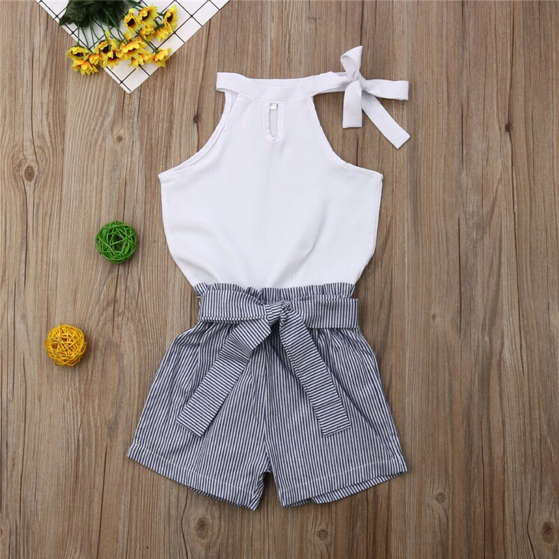 Kids Girls Clothes Sleeveless White Vest Tops High Waist Striped Bow Shorts Pant 2PCS Girls Clothing Set - ebowsos