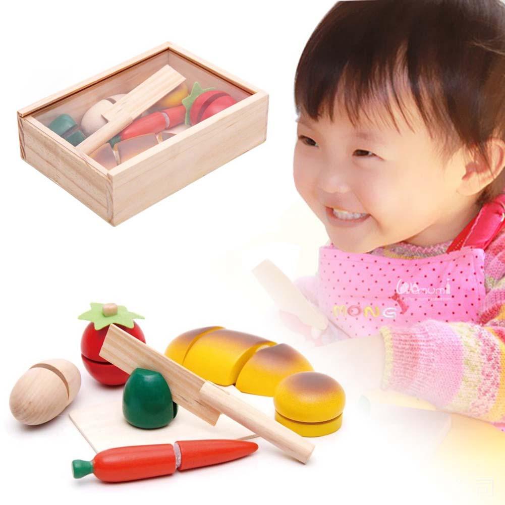 Kids Pretend Role Play Kitchen Fruits Vegetables Food Toys Wooden Cutting Set-ebowsos