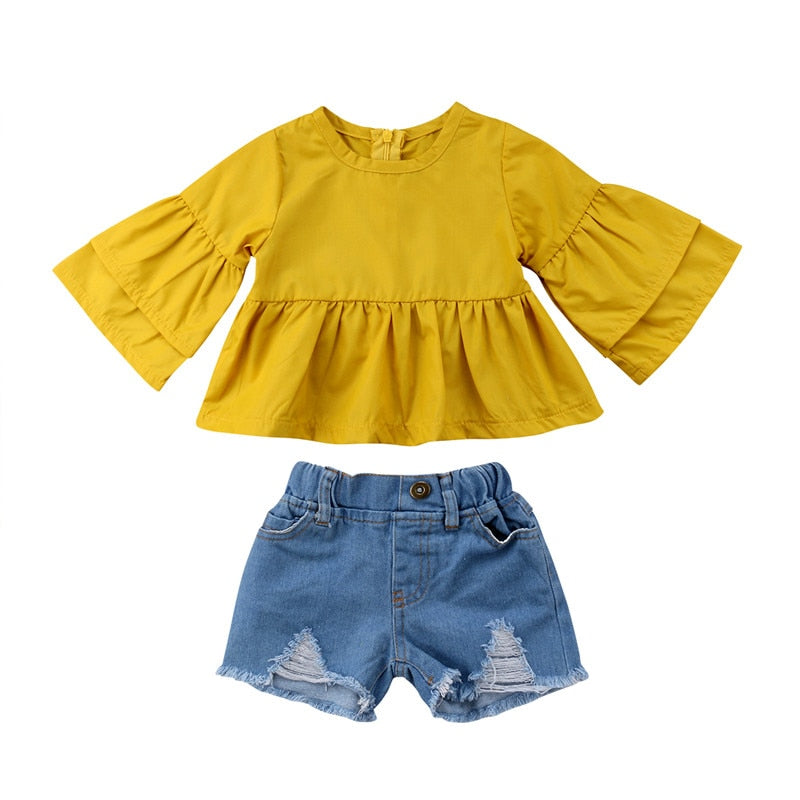 Kids Summer Clothes Baby Girl Ruffles Flare Sleeve Yellow Blouse Tops+Denim Shorts Hole Pant 2Pcs Outfits Children Clothing Set - ebowsos