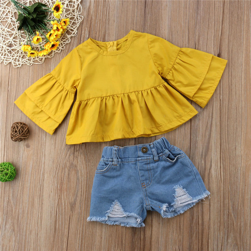 Kids Summer Clothes Baby Girl Ruffles Flare Sleeve Yellow Blouse Tops+Denim Shorts Hole Pant 2Pcs Outfits Children Clothing Set - ebowsos