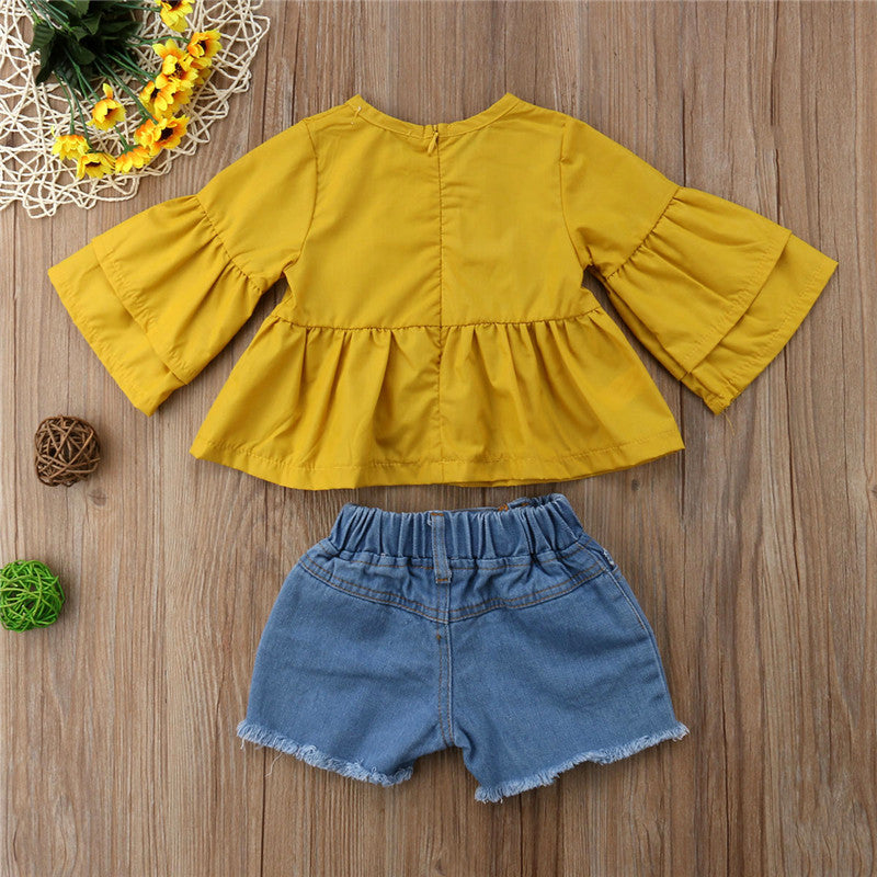 Kids Summer Clothes Baby Girl Ruffles Flare Sleeve Yellow Blouse Tops+Denim Shorts Hole Pant 2Pcs Outfits Children Clothing Set - ebowsos