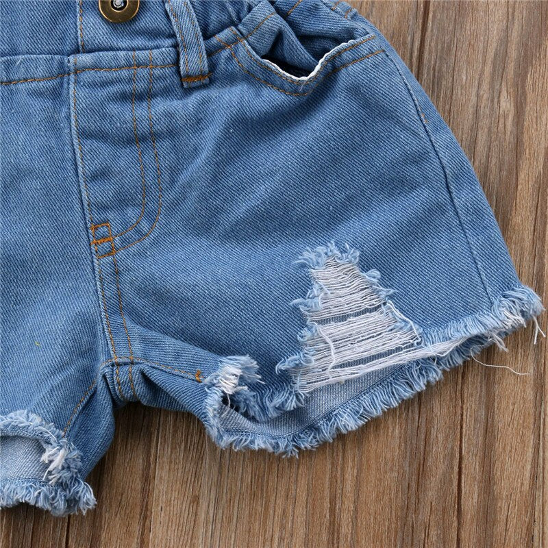 Kids Summer Clothes Baby Girl Ruffles Flare Sleeve Yellow Blouse Tops+Denim Shorts Hole Pant 2Pcs Outfits Children Clothing Set - ebowsos