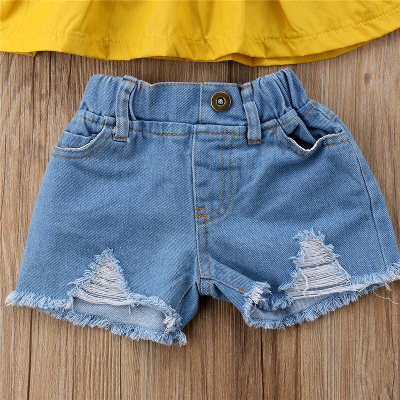 Kids Summer Clothes Baby Girl Ruffles Flare Sleeve Yellow Blouse Tops+Denim Shorts Hole Pant 2Pcs Outfits Children Clothing Set - ebowsos