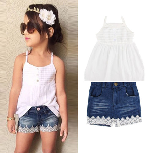 Kids Toddler Baby Girls Outfit Clothes T Shirt Tops Dress+ Denim Short Pants Set - ebowsos