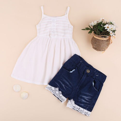 Kids Toddler Baby Girls Outfit Clothes T Shirt Tops Dress+ Denim Short Pants Set - ebowsos