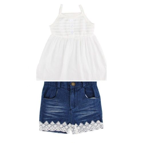 Kids Toddler Baby Girls Outfit Clothes T Shirt Tops Dress+ Denim Short Pants Set - ebowsos