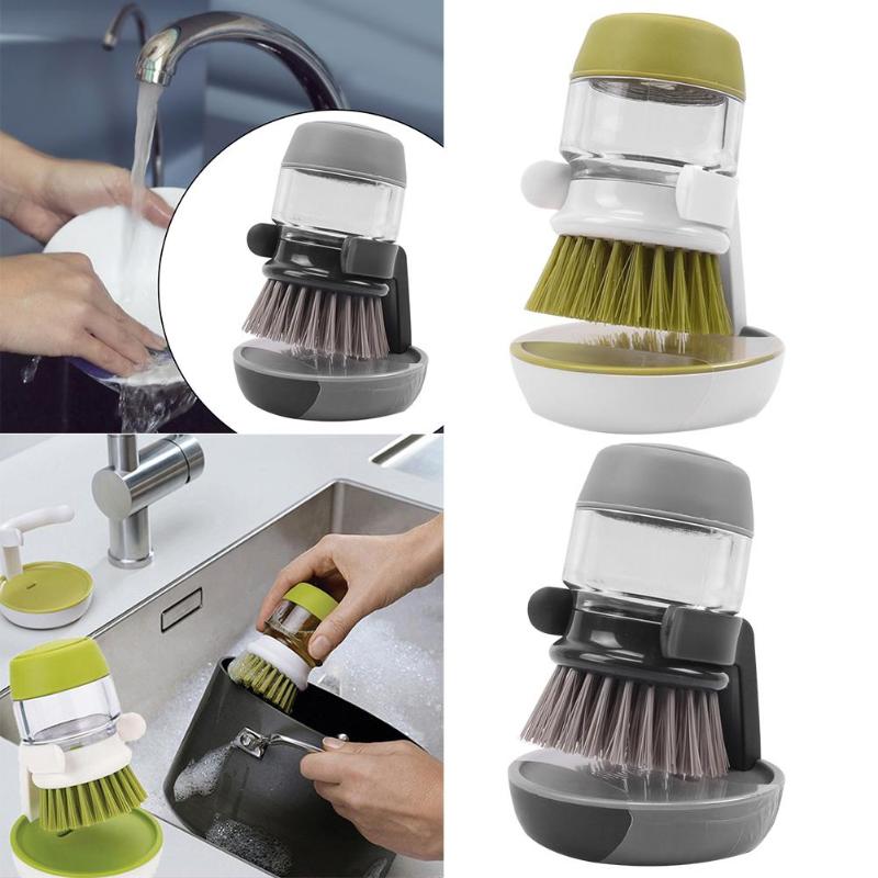 Kitchen Cleaning Brush Utensils Dish Pot Home Wash Up Bracket Easy Place Soft Comfortable Non-slip with Liquid Soap Dispenser - ebowsos