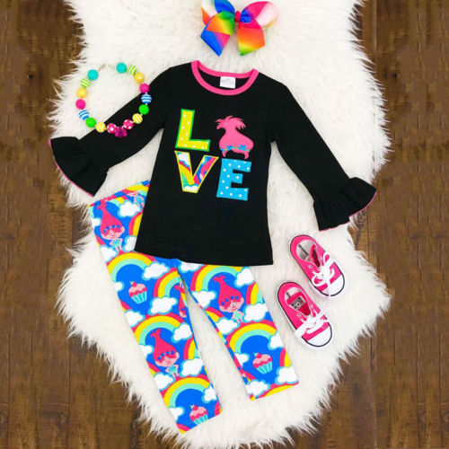 LOVE Baby Girls Cotton Tops Long Sleeve T-shirt+Leggings Pants Kids Cotton Clothes Outfit Set 1-6Y - ebowsos