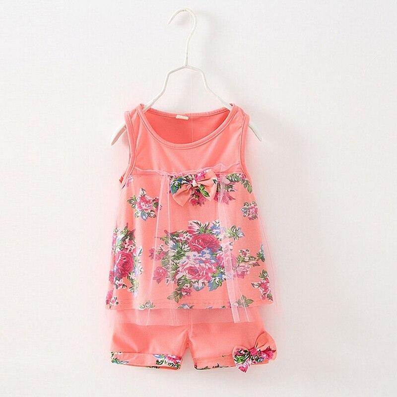 Lace Floral Summer Children Girl Clothes Sets Baby Kids Girls Flower Print Tops T-shirt+Short Pants Tulle Outfit Set - ebowsos