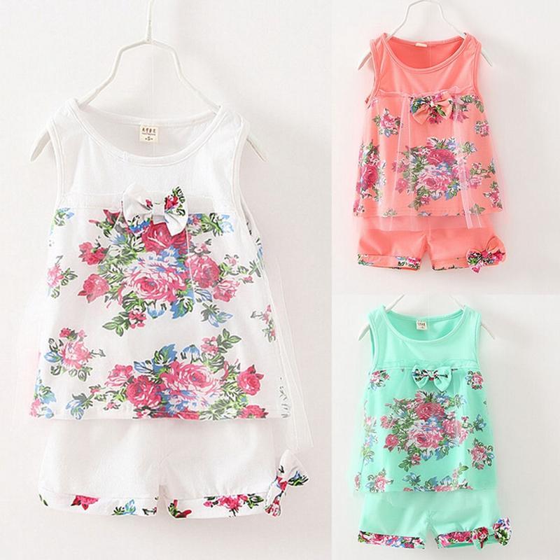 Lace Floral Summer Children Girl Clothes Sets Baby Kids Girls Flower Print Tops T-shirt+Short Pants Tulle Outfit Set - ebowsos