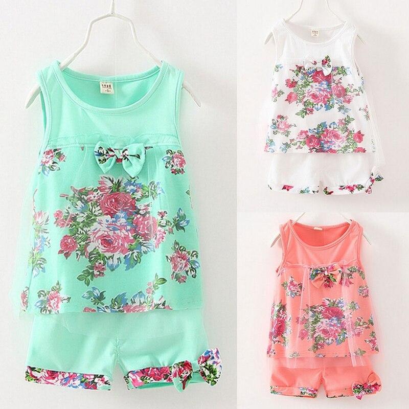 Lace Floral Summer Children Girl Clothes Sets Baby Kids Girls Flower Print Tops T-shirt+Short Pants Tulle Outfit Set - ebowsos