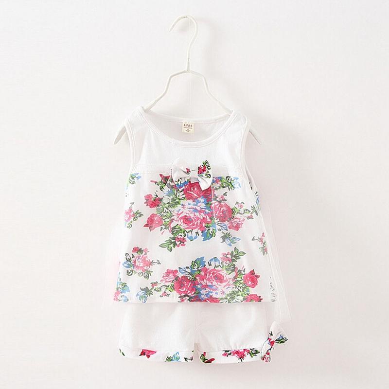 Lace Floral Summer Children Girl Clothes Sets Baby Kids Girls Flower Print Tops T-shirt+Short Pants Tulle Outfit Set - ebowsos