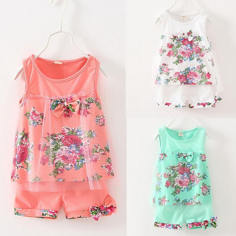 Lace Floral Summer Children Girl Clothes Sets Baby Kids Girls Flower Print Tops T-shirt+Short Pants Tulle Outfit Set - ebowsos