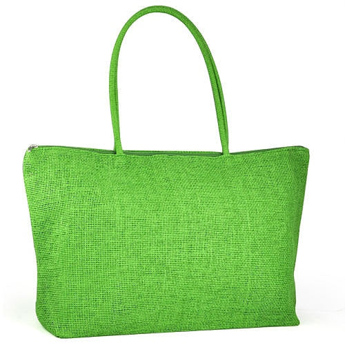 Ladies Straw Weaving Summer Beach Tote Zippered Bag - Light Green - ebowsos