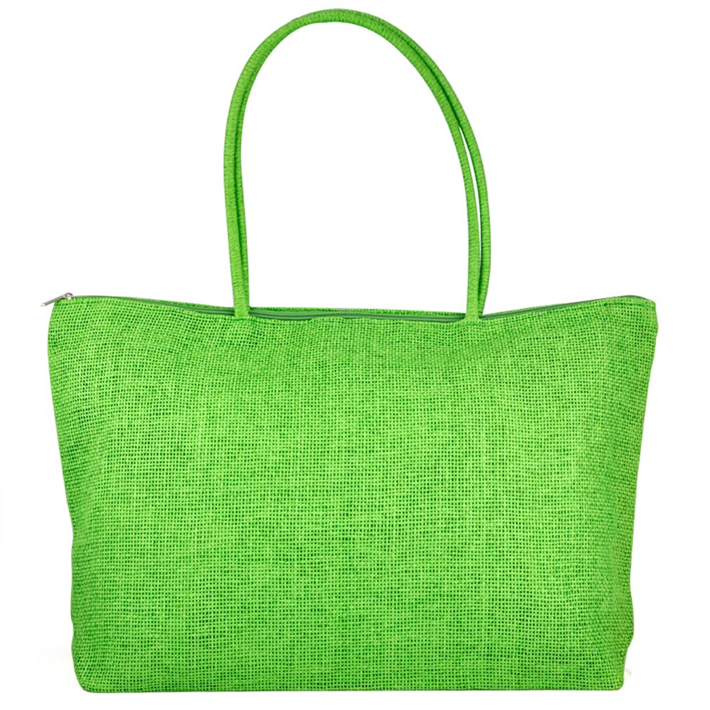 Ladies Straw Weaving Summer Beach Tote Zippered Bag - Light Green - ebowsos