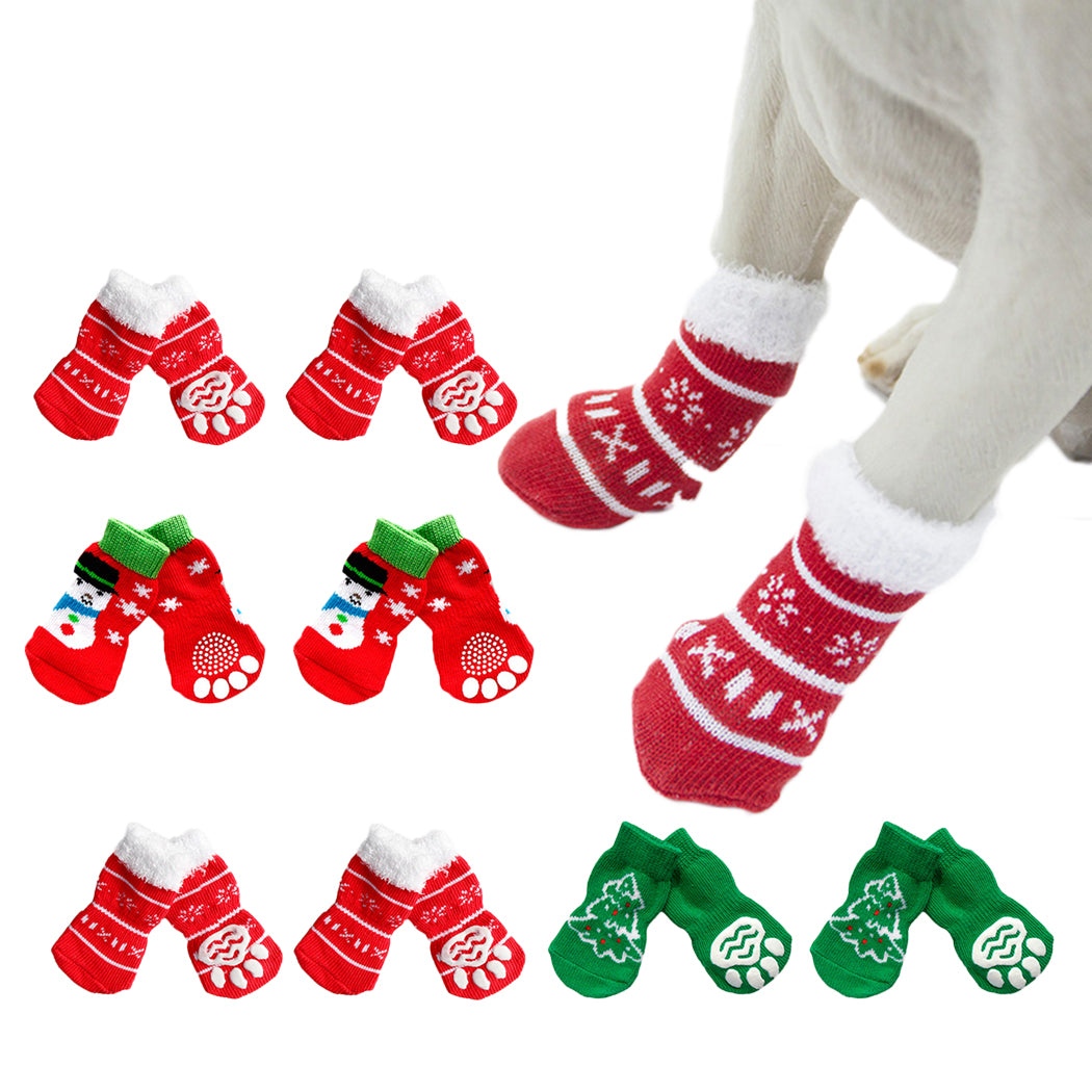 16PCS 8 Pairs Cute Printing Christmas Dog Socks Waterproof Non-Slip Puppy Socks Dog Paw Protectors Pet Accessories-ebowsos