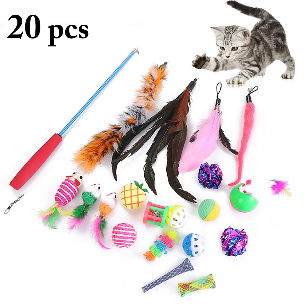 20pcs Cat Toys Set Interactive Funny Cat Scratcher Ball Toy Kitten Catnip Bell Toy Cat Teaser Feather Toy For Cat-ebowsos