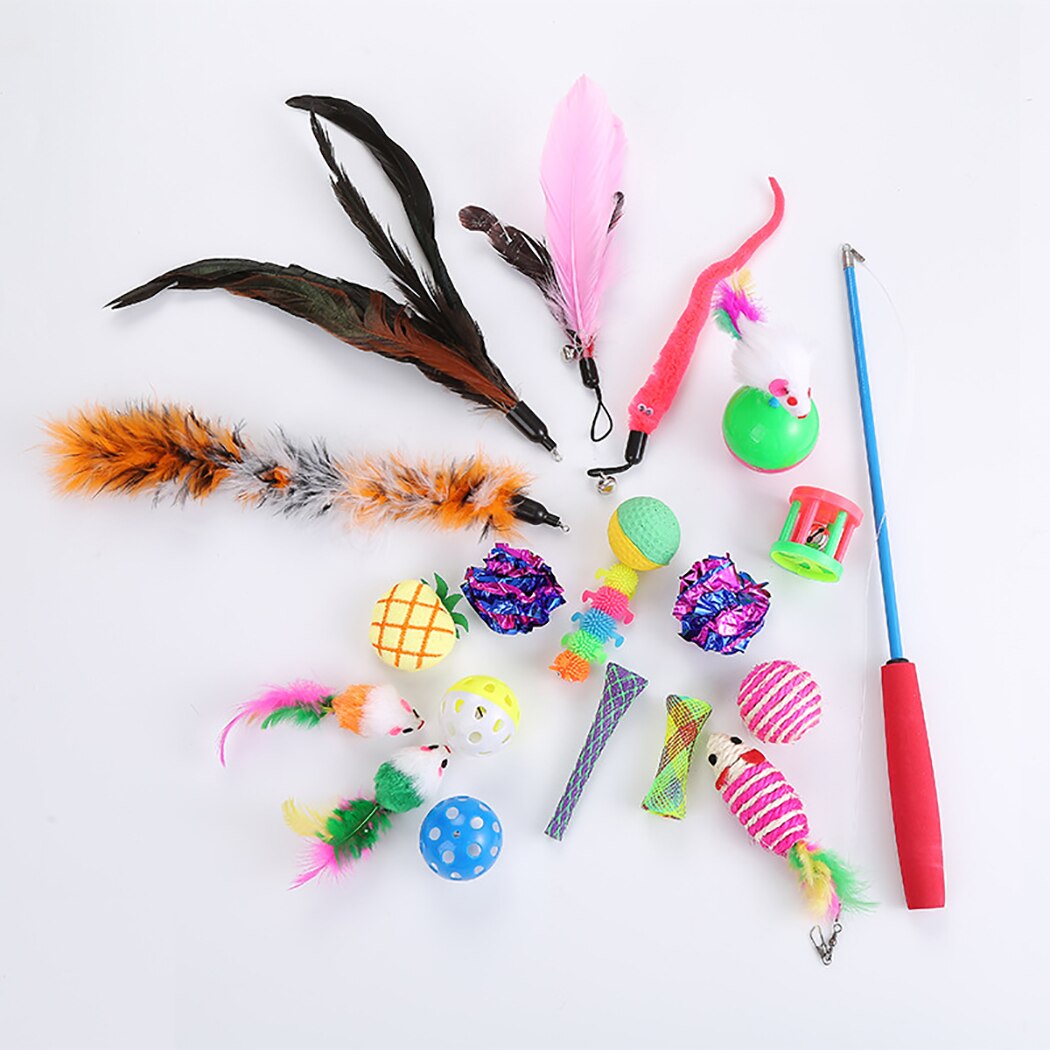 20pcs Cat Toys Set Interactive Funny Cat Scratcher Ball Toy Kitten Catnip Bell Toy Cat Teaser Feather Toy For Cat-ebowsos