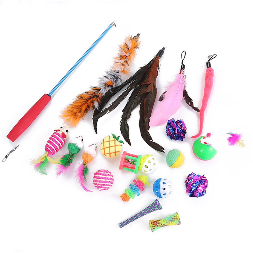 20pcs Cat Toys Set Interactive Funny Cat Scratcher Ball Toy Kitten Catnip Bell Toy Cat Teaser Feather Toy For Cat-ebowsos