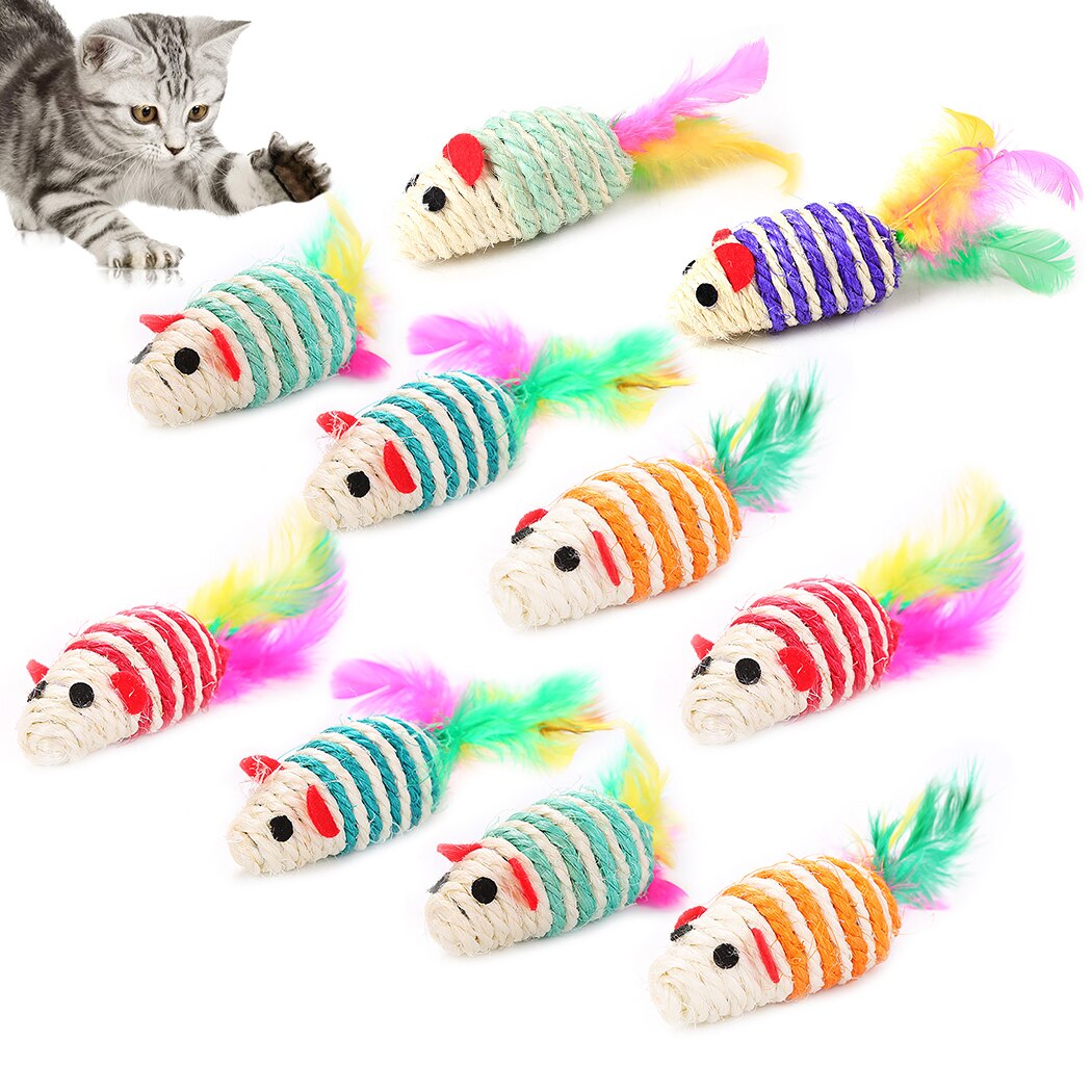 8pcs/10pcs Funny Cat Toys Interactive Fake Feather Mouse Kitten Toy Cat Chew Toy For Kittens Pet Supplies-ebowsos