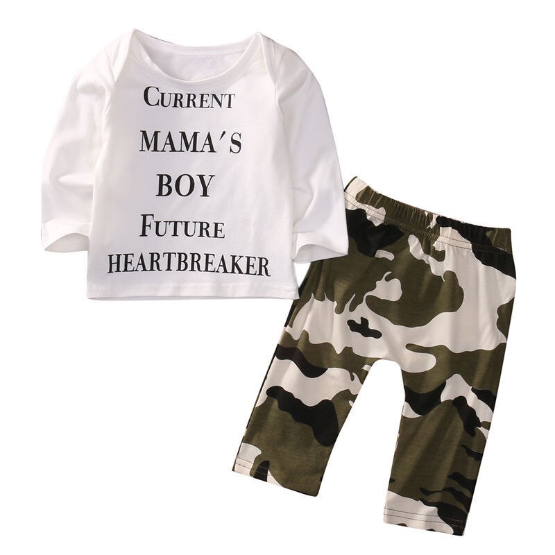 Letter Baby Boy Kids Casual T-shirt+Camouflage Pants Leggings Outfits US Stock 2PCS Set - ebowsos