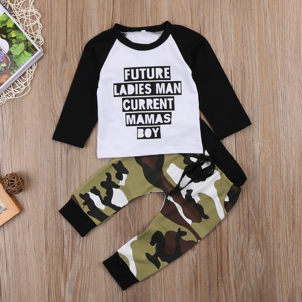 Letter Baby Boys Kids Toddler Long Sleeve Cotton T-Shirt Tops Tee+Camouflage Long Pants Clothes Outfit Set 2PC - ebowsos