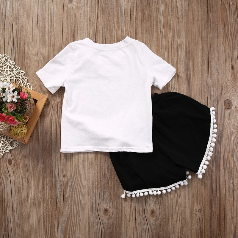 Letter Girls Clothing Set Kids Baby Girls Summer Outfits Clothes Tops Short Sleeve Cotton T-shirt+Pants 2pcs Set - ebowsos