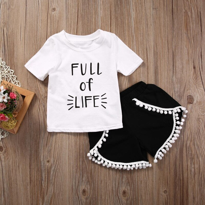 Letter Girls Clothing Set Kids Baby Girls Summer Outfits Clothes Tops Short Sleeve Cotton T-shirt+Pants 2pcs Set - ebowsos