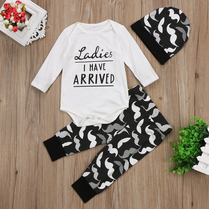 Letter Newborn Baby Boys Winter Clothes Long Sleeve Cotton Tops Romper Pants Leggings Hat Outfits Clothes Set 3PCS 0-18M - ebowsos