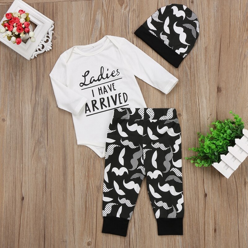 Letter Newborn Baby Boys Winter Clothes Long Sleeve Cotton Tops Romper Pants Leggings Hat Outfits Clothes Set 3PCS 0-18M - ebowsos