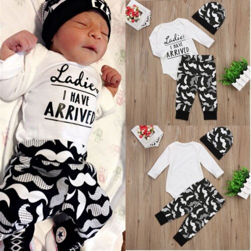 Letter Newborn Baby Boys Winter Clothes Long Sleeve Cotton Tops Romper Pants Leggings Hat Outfits Clothes Set 3PCS 0-18M - ebowsos