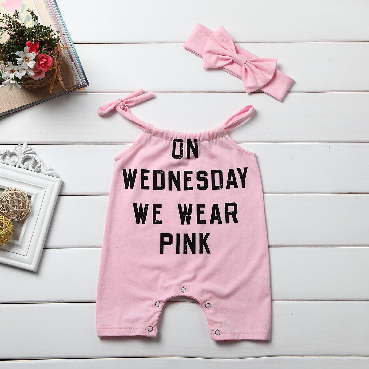 Letter Newborn Baby Girl Summer Bodysuit Pink Sleeveless Cotton Jumpsuit Outfit Sunsuit Headband - ebowsos