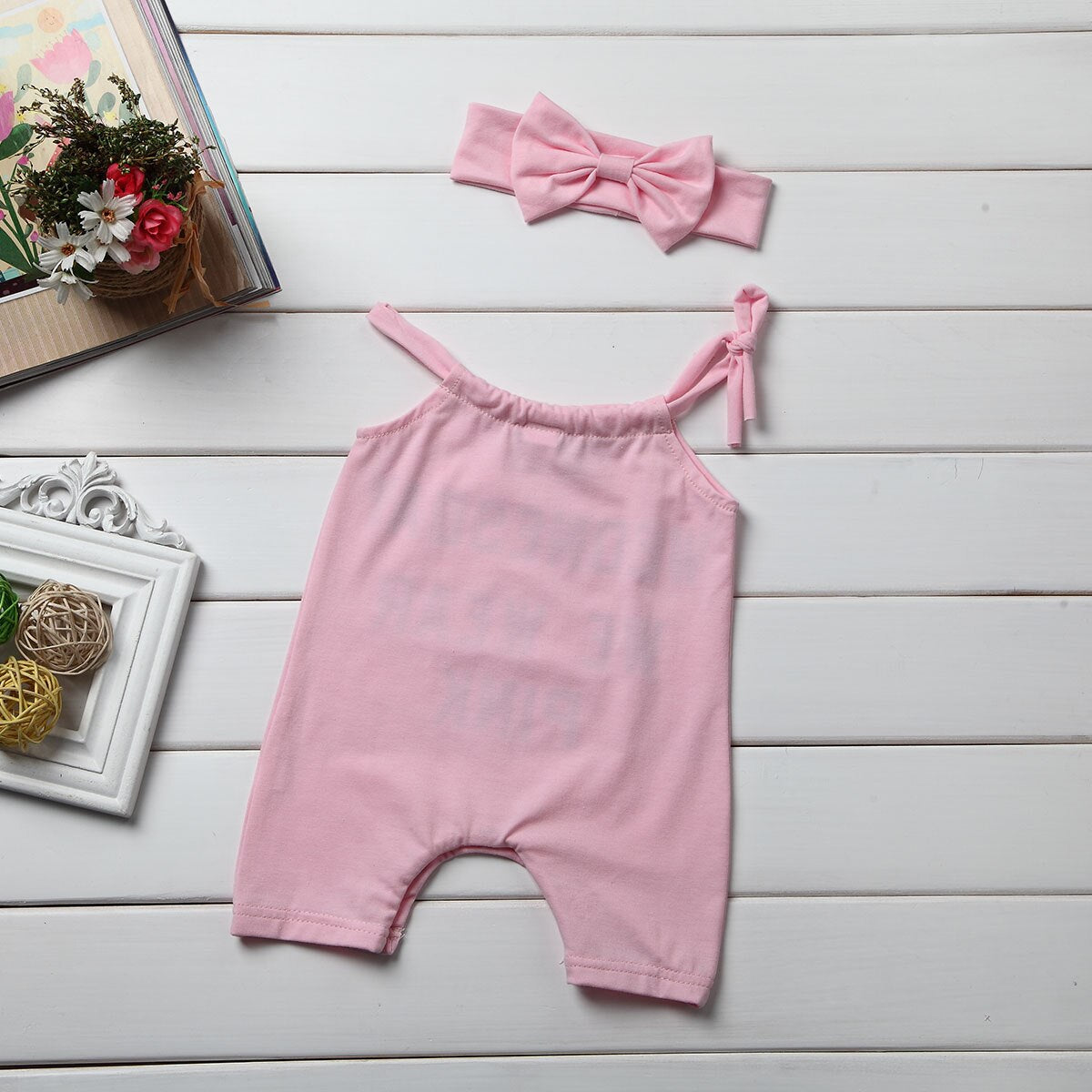 Letter Newborn Baby Girl Summer Bodysuit Pink Sleeveless Cotton Jumpsuit Outfit Sunsuit Headband - ebowsos