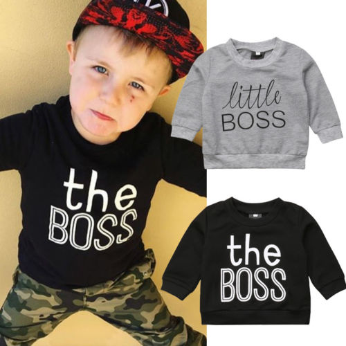 Little Boss Toddler Kids Baby Boy Girl Autumn Clothes Long Sleeve Letter Print Pullover Hoodies Sweatshirt Tops - ebowsos