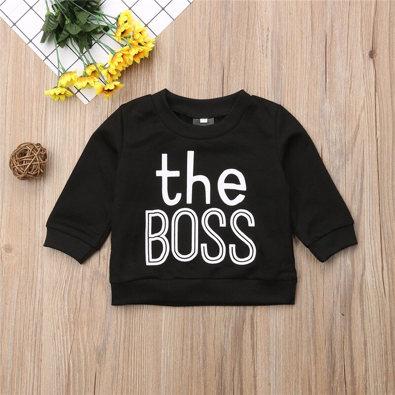 Little Boss Toddler Kids Baby Boy Girl Autumn Clothes Long Sleeve Letter Print Pullover Hoodies Sweatshirt Tops - ebowsos