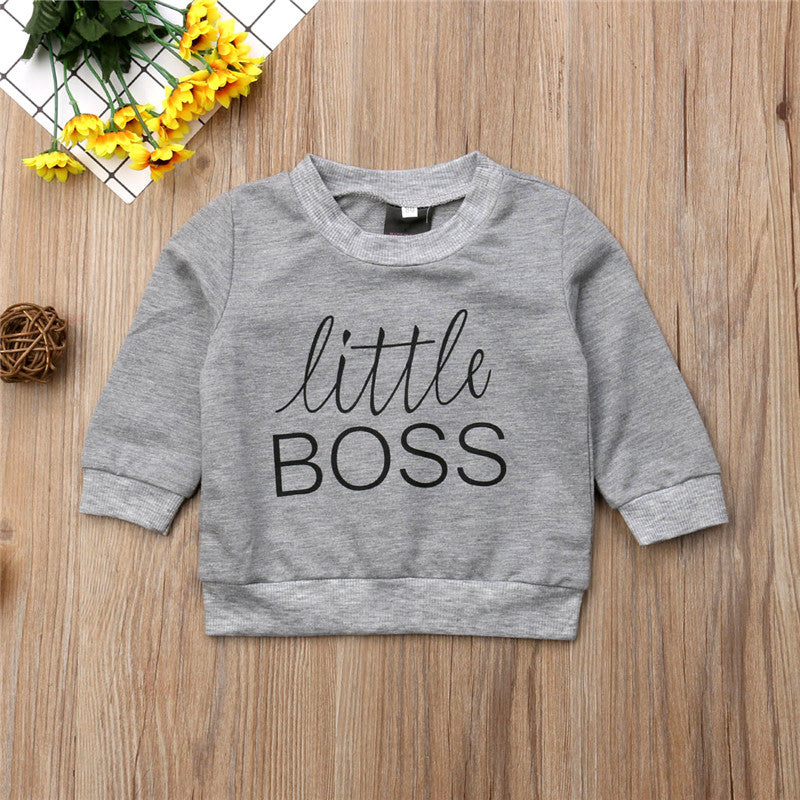 Little Boss Toddler Kids Baby Boy Girl Autumn Clothes Long Sleeve Letter Print Pullover Hoodies Sweatshirt Tops - ebowsos