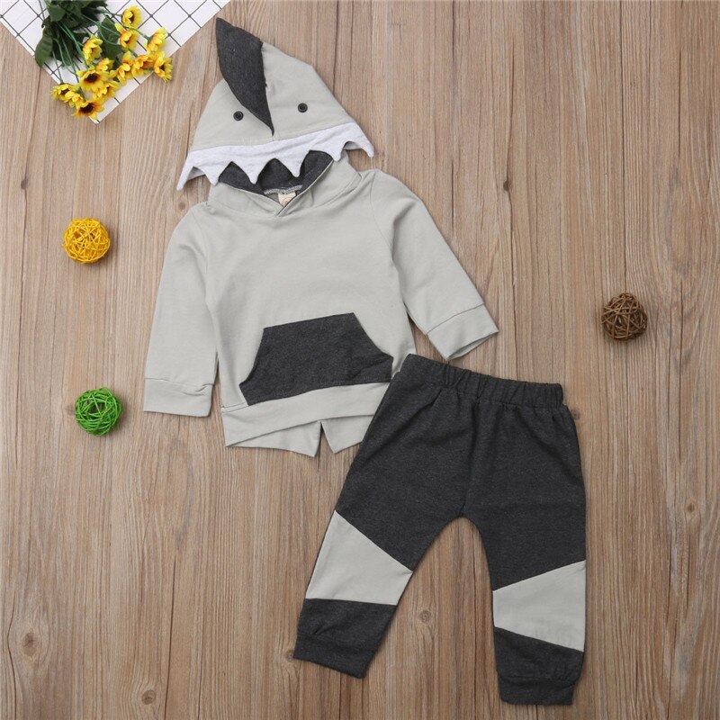 Little Shark Fashion Children Boy 3D Hooded Long Sleeve Tops Long Pant 2PCS Outwear Autumn Winter Clothes - ebowsos