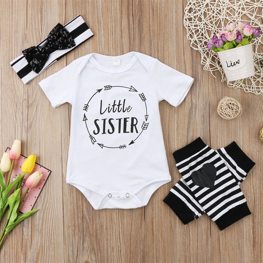 Little Sister Bow Newborn Baby Girls Clothes Long Sleeve Bodysuit Leg Warmer Striped Cute Outfits Set - ebowsos