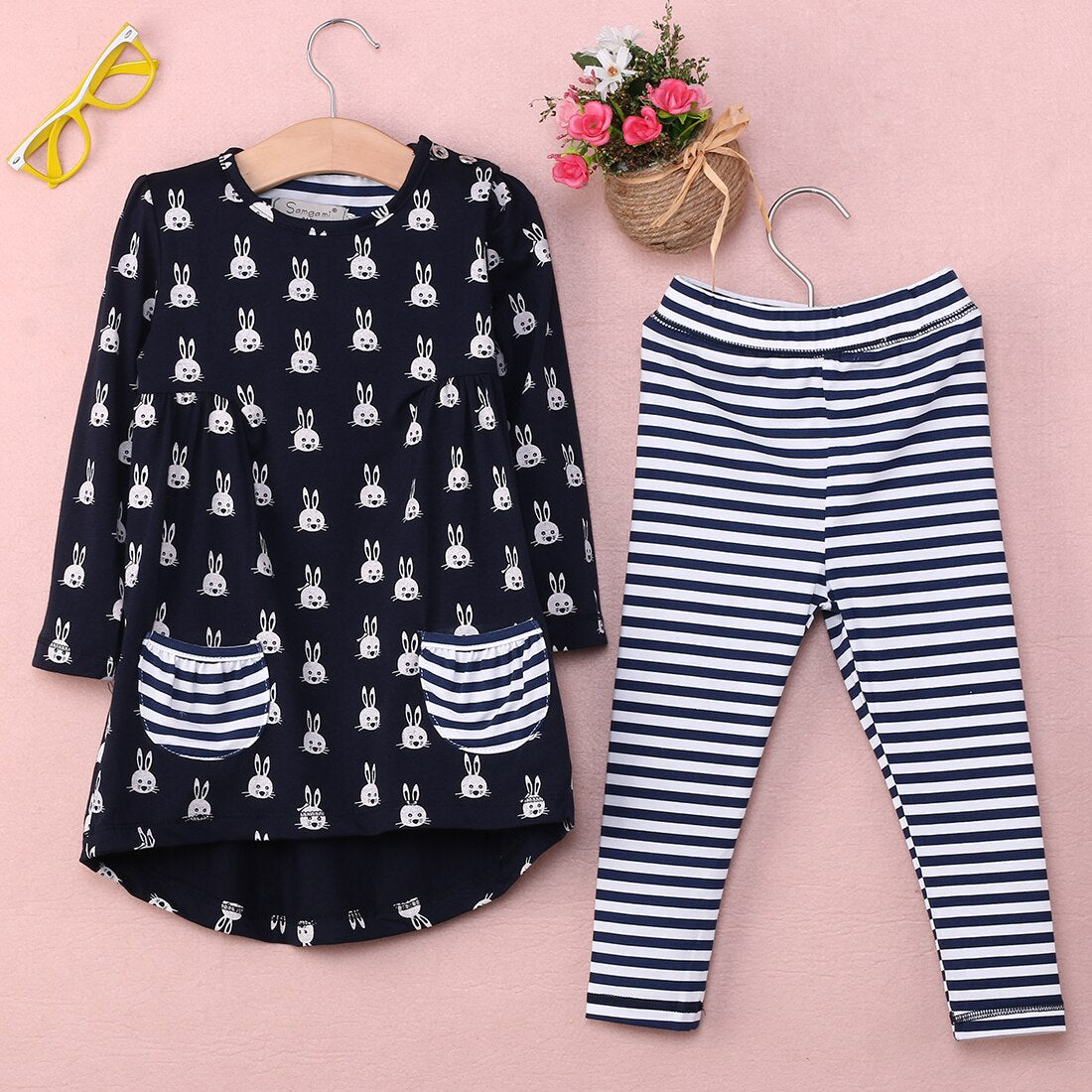 Long Sleeve Kids Baby Girls Bunny Shirt Dress+Cotton Stripe Leggings Pant Set Clothes Outfits - ebowsos