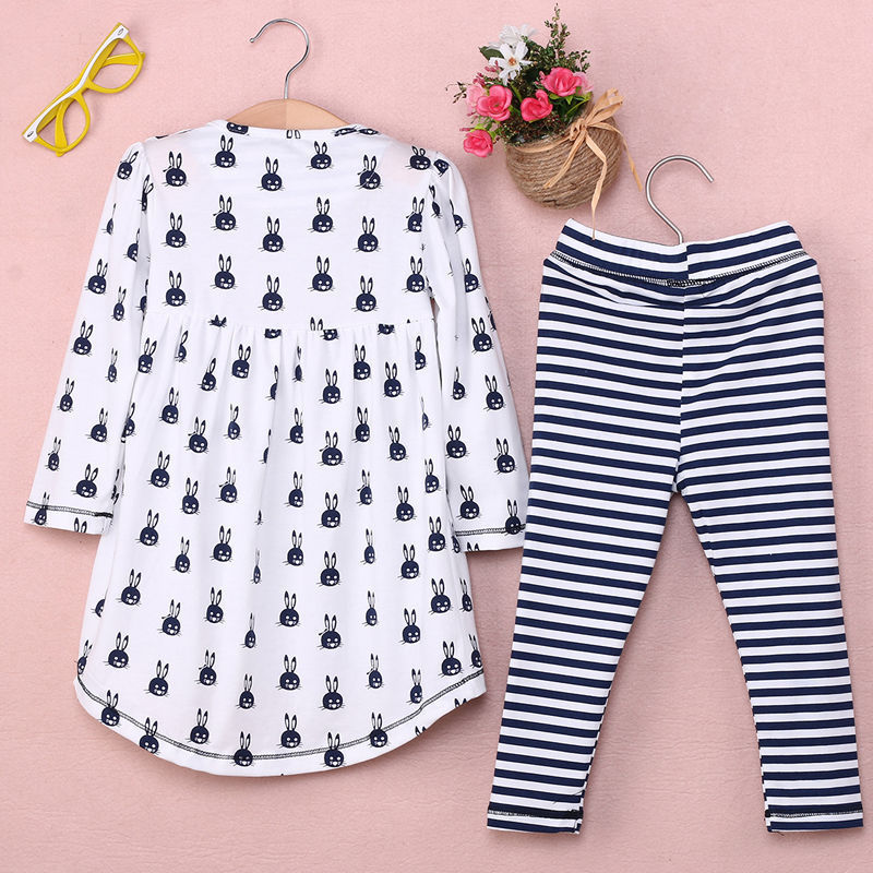 Long Sleeve Kids Baby Girls Bunny Shirt Dress+Cotton Stripe Leggings Pant Set Clothes Outfits - ebowsos